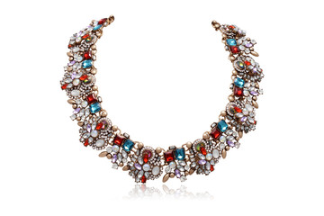 Beautiful Blue, Red, & Purple Crystal & Gold Necklace