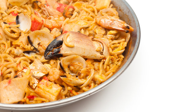 Catalan Fideua, a traditional seafood dish from north east Spain similar to paella but made with short lengths of pasta instead of rice.