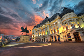 Bucharest Sunset. University Library by Night - obrazy, fototapety, plakaty