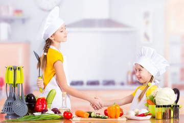 Two cheerful little chefs shake hands