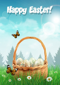 Easter basket with Easter eggs on a field, realistic Easter card. Vector illustration.
