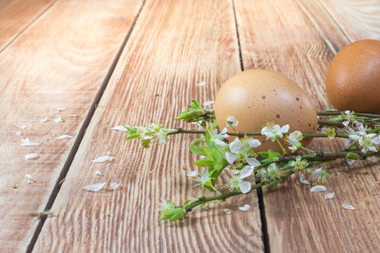 Easter - Detail on Hen's Egg with Blooming Spring Flowers