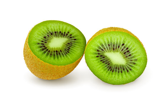 Two halves of juicy kiwi fruit on a white background