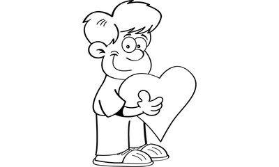 Black and white illustration of a boy holding a heart.