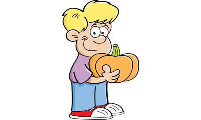 Cartoon illustration of a boy holding a pumpkin.