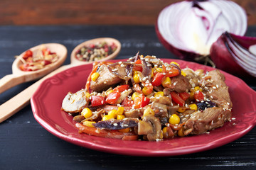 steamy hot meat with vegetables