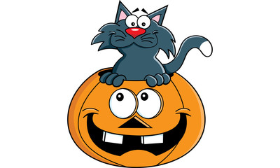 Cartoon illustration of a cat inside a pumpkin.