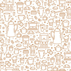 Seamless Pattern with Coffee Cups, cupcakes and Coffee Beans