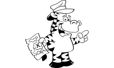 Black and white illustration of a zebra holding a map and pointing