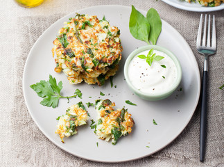 Cabbage and spinach pancakes with yogurt dressing with fresh herbs