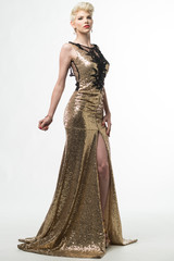 Woman Beauty Long Fashion Dress, Elegant Girl In Gold Gown