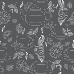 Tapeten Tee Teezeit nahtloses Muster mit handgezeichneten Doodle-Elementen. Nahtloses Muster des einfarbigen Frühstücks mit Teekannen, Teeblättern, Zitrone, Teetasse und anderem.