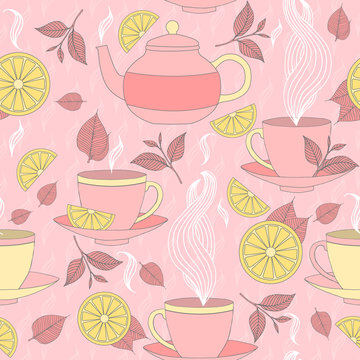Tea time seamless pattern with hand drawn doodle elements. Breakfast seamless  pattern with tea pots, tea leaves, lemon, tea cup and other.