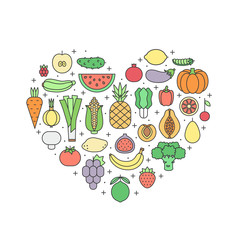 Fruit and vegetable multicolored outline vector heart illustration. Modern minimalistic design.