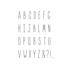 Thin handwritten alphabet and punctuation marks lettering. Hipster and vintage style. Perfect for your design!