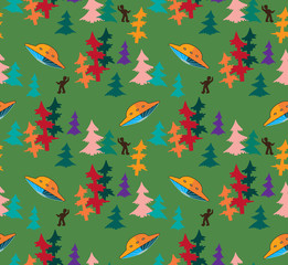 UFO in the autumn forest vector seamless pattern
