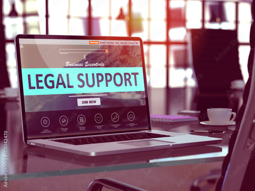 Poster modern workplace with laptop showing landing page with legal support concept. toned image with selec