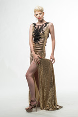 Woman Beauty Long Fashion Dress, Elegant Girl In Gold Gown