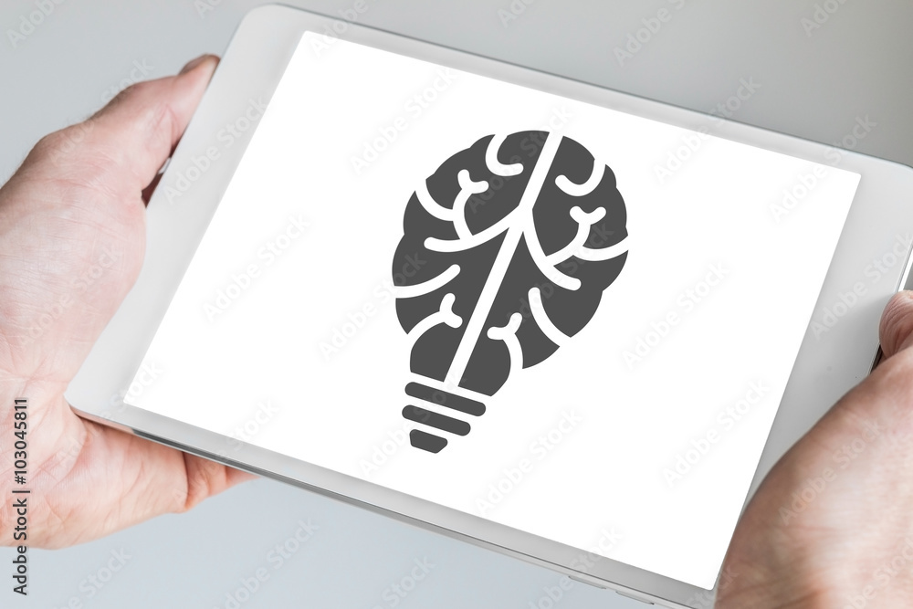 Poster mobile digital innovation concept visualized by brain and light bulb symbol displayed on touchscreen