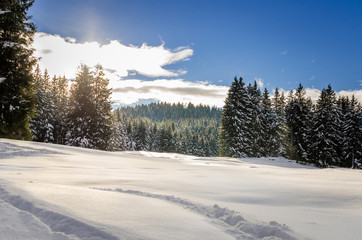 Snowy Mountain Landscape at Sunset