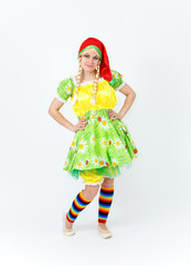 Theatre actress in fairy tale costume of lady dwarf on white