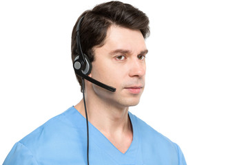 Medical call center operator man isolated.