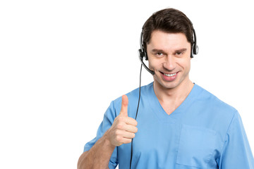 Call center operator man in medical.