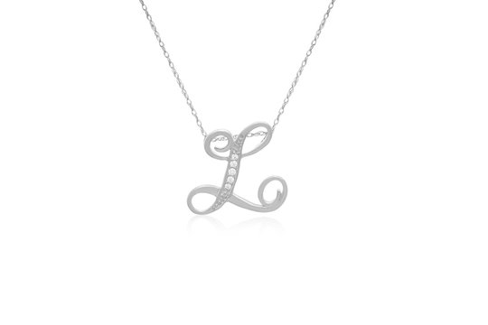Decorative Initial "L" Necklace with Flawless Diamonds in Silver 