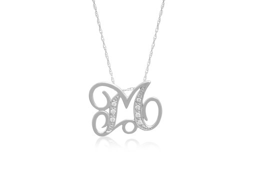 Decorative Initial "M" Necklace with Flawless Diamonds in Silver 