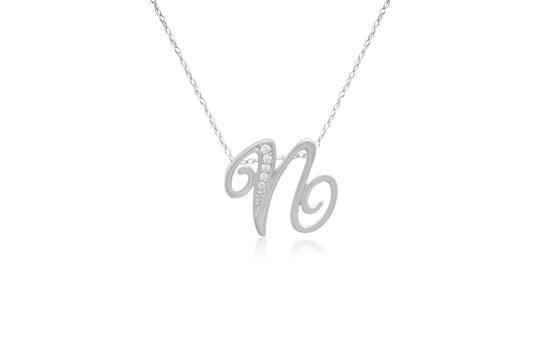 Decorative Initial "N" Necklace with Flawless Diamonds in Silver 