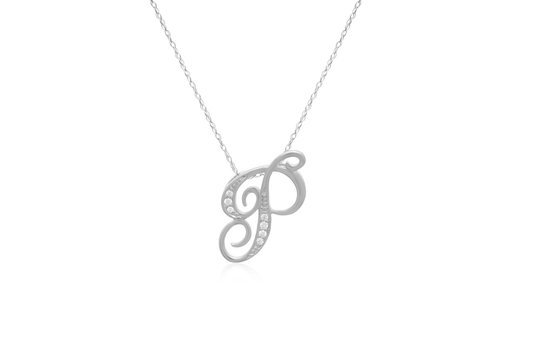 Decorative Initial "P" Necklace with Flawless Diamonds in Silver 