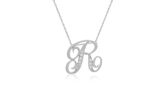 Decorative Initial "R" Necklace with Flawless Diamonds in Silver 