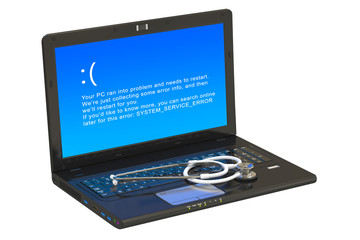 Laptop with blue error screen and stethoscope