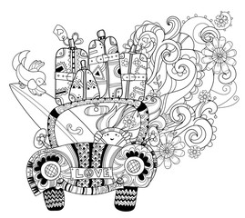Hand drawn doodle outline holiday car travel decorated with ornaments.Vector zentangle illustration.Floral ornament.Sketch for tattoo or coloring pages.Boho style.
