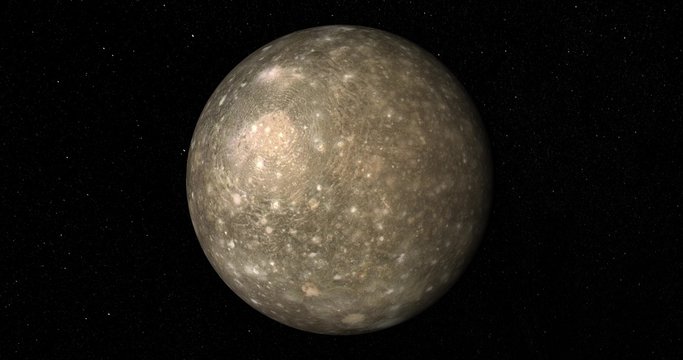 Retimed "matrix" style flyby of Callisto, one of Jupiter's moons. 10 second close-pass segment. Reversible. Data: JPL/USGS Astrogeology.