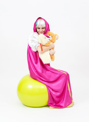 Theatre actress in costume of girl from fairy tale on fitness