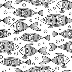 Seamless pattern of black and white fishes in doodle ink style. Vector illustration