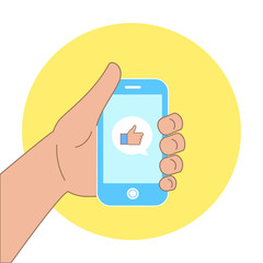 Vector flat concept - hand with mobile phone of message with like icon. Friendly support in social networks. 