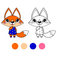 Coloring book fox, kids layout for game. vector illustration