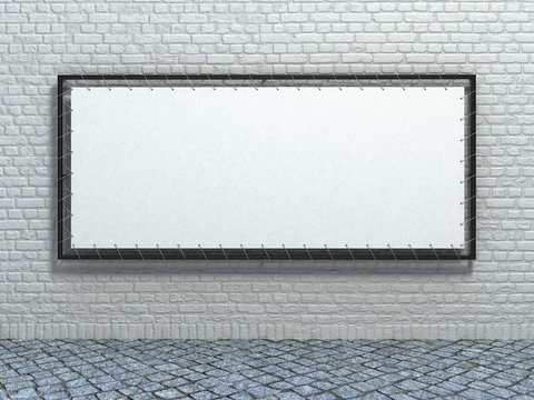White stretch banner on brick wall background