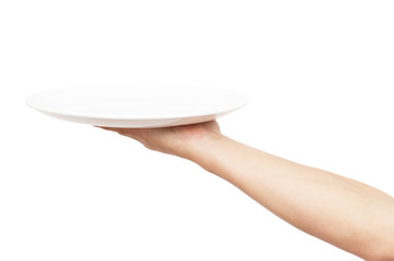 white plate in his hand on a white background