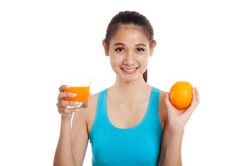 Beautiful Asian healthy girl with orange juice and orange fruit