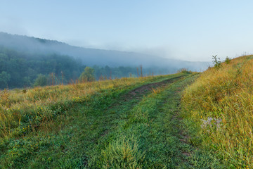 Summer landscape with dirt road on the hilly bank of the river a sunny misty morning