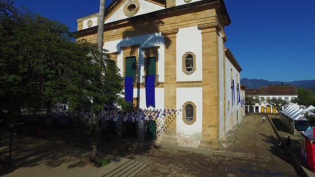 Aerial view church of the beautiful portuguese colonial typical town of parati in rio de janeiro state brazil