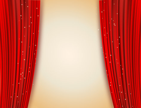 open red curtains with glittering stars background
