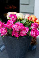 roses in bucket on street flower market