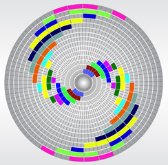 Abstract geometric circular diagram with colorful cells and circular mesh