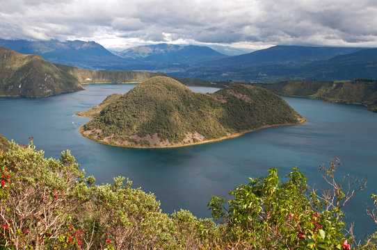 View of the Cuicocha lake and volcano crater, with its center islands. Cuicocha, Ecuador, South America.