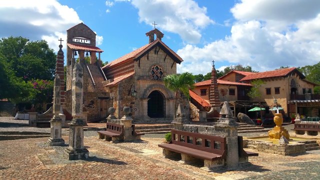 Old church in a middleage town near altos de chavon, in la romana, domenican republic