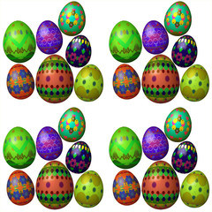 Seamless pattern of colorful Easter eggs with cheerful spring motifs on a white background